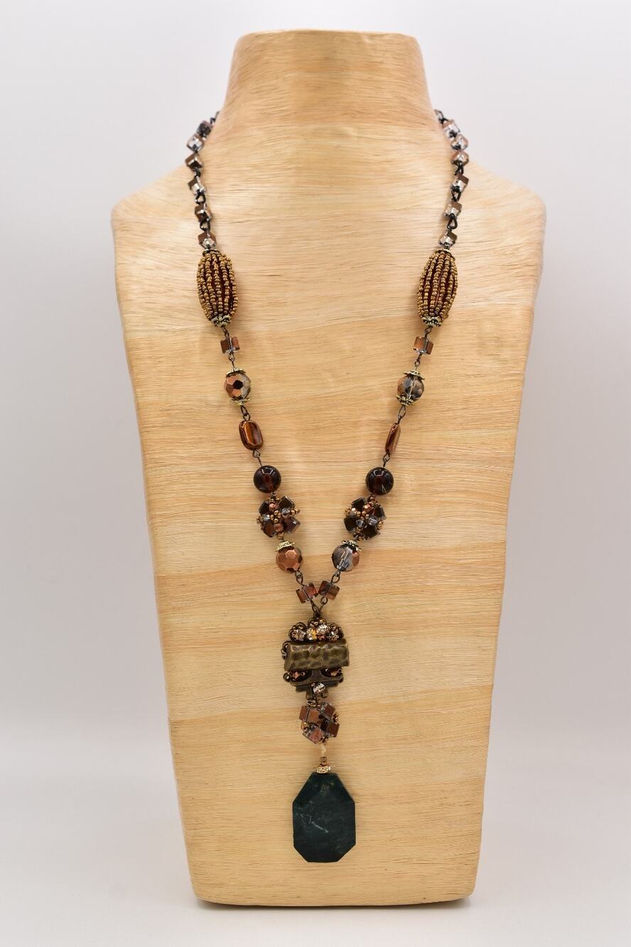Vintage Crystal beaded Necklace Bronze Brass Chunky Crystal Green 1980s Bin1